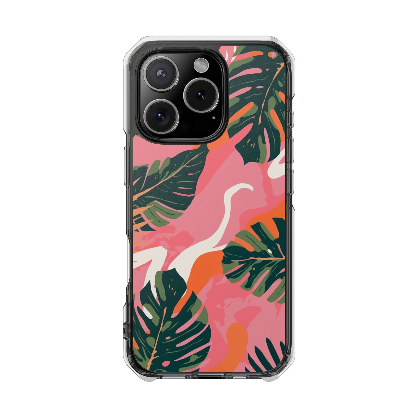 Clear Magnetic Phone Case — Tropical Pink Monstera Design