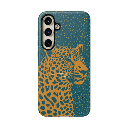 Leopard Print Tough Phone Case — Gold Panther on Teal, Protective iPhone Cover