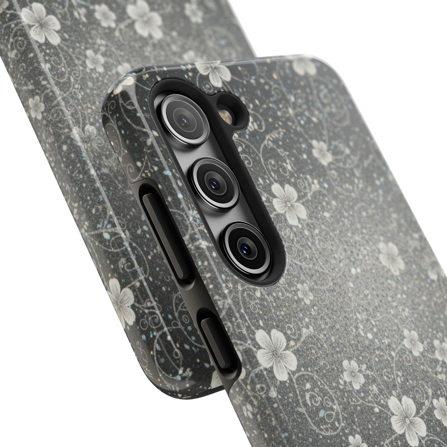 Floral Sparkle Tough Phone Case — Black & Silver Vintage Blossom