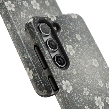 Floral Sparkle Tough Phone Case — Black & Silver Vintage Blossom