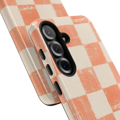 Peach Checkerboard Tough Phone Case — Retro Distressed Grid Design