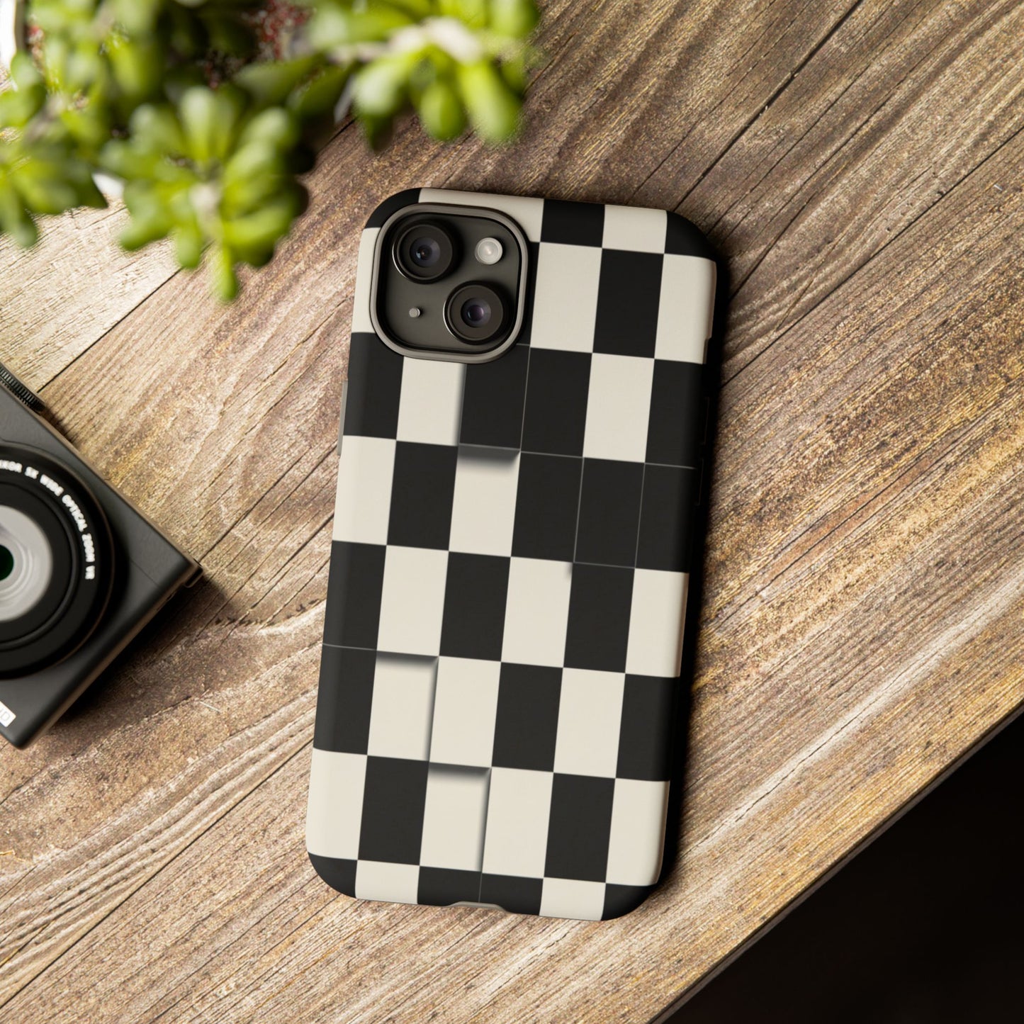 Checkerboard Tough Phone Case — Classic Black & Cream Grid Protective Cover