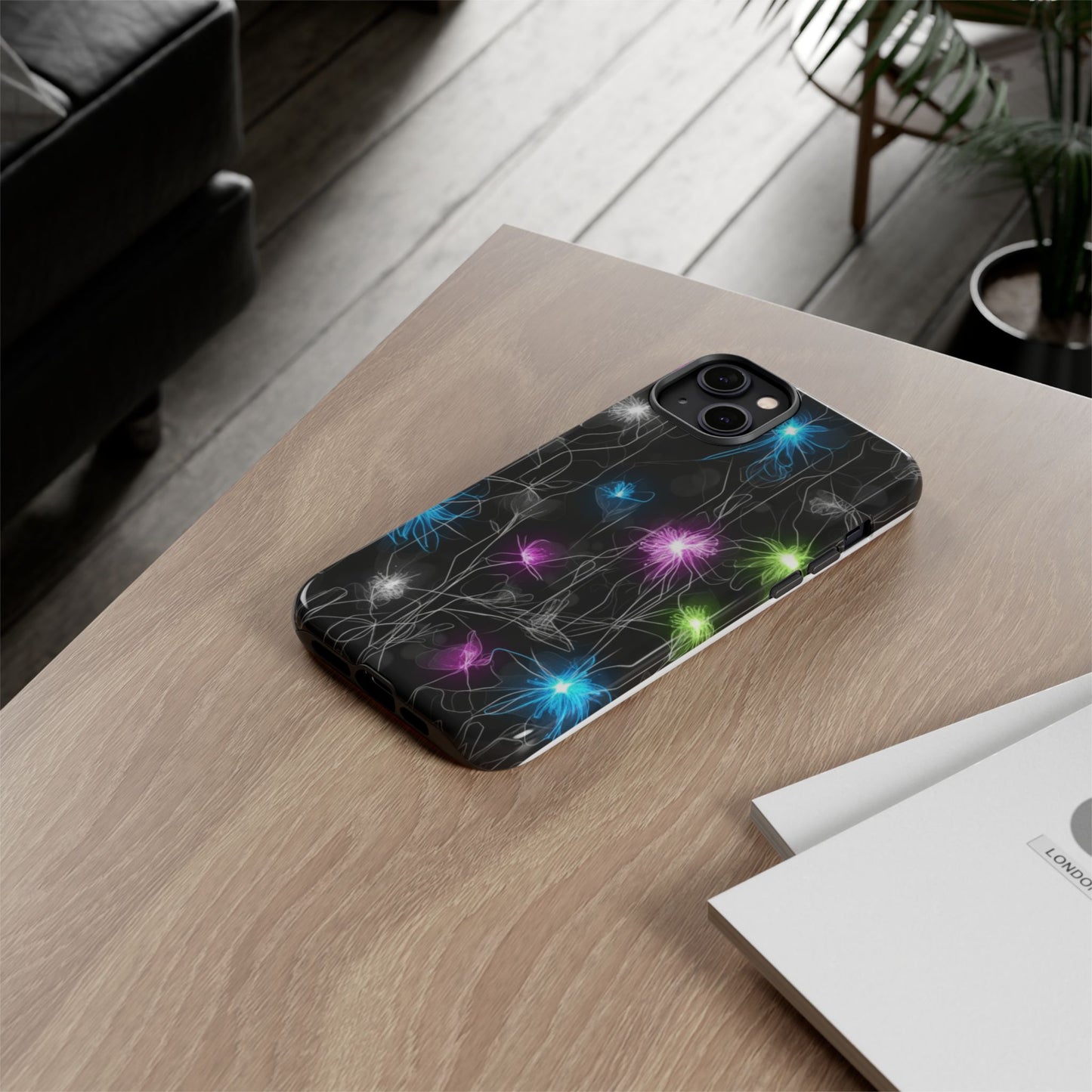 Neon Floral Tough Phone Case — Glow Flower Protective iPhone Cover