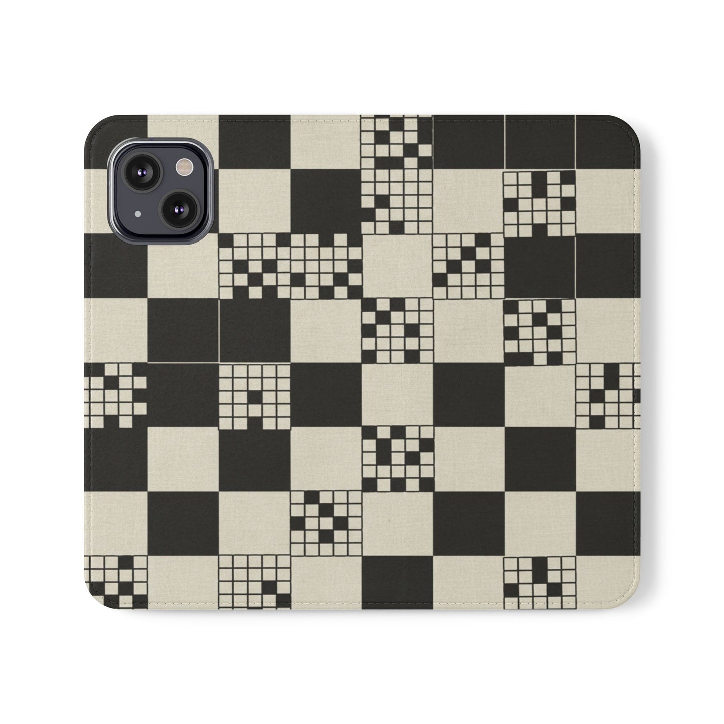 Checkerboard Flip Phone Case – Retro Black & Cream Geometric Wallet Case