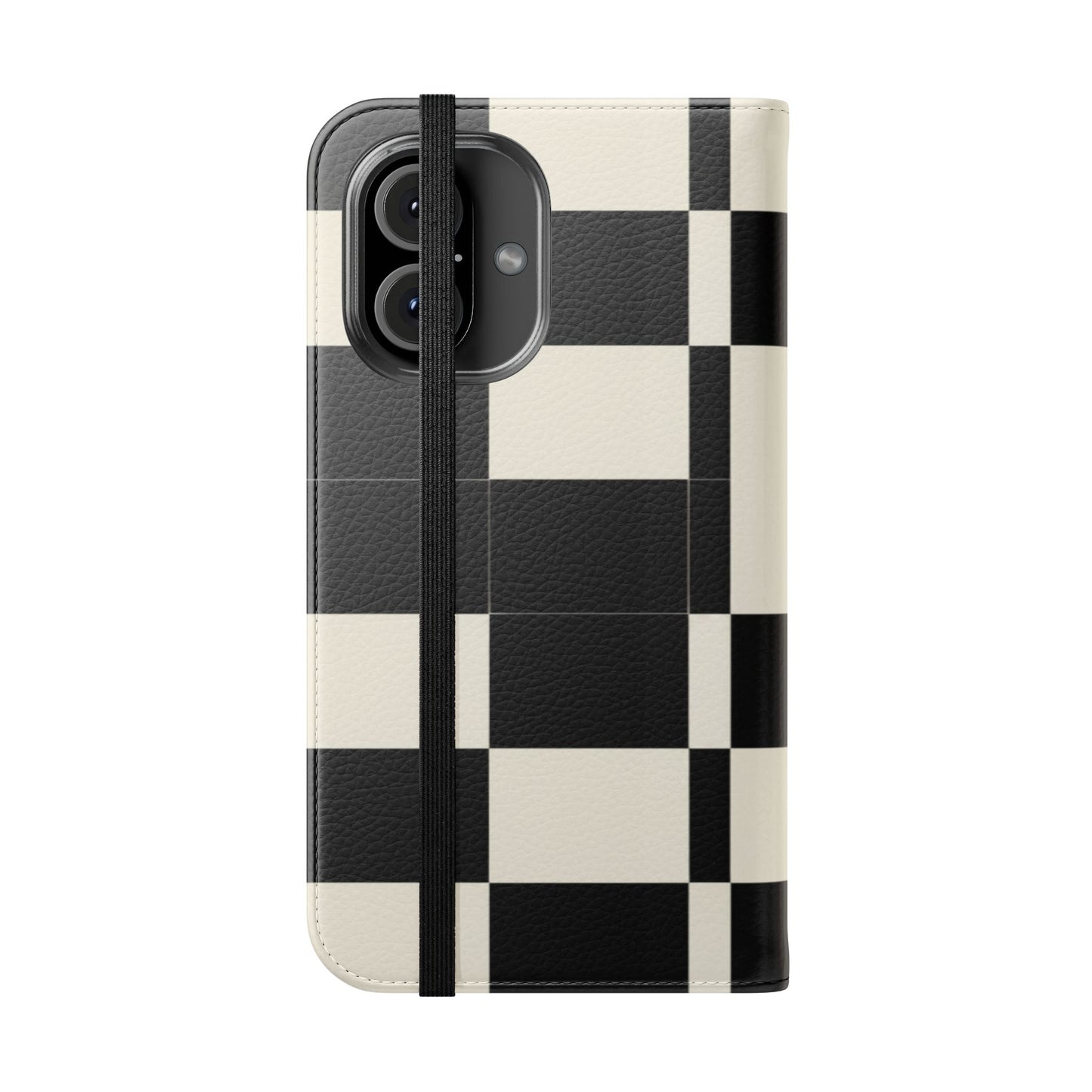 Checkered Flip Phone Case – Black & Cream Retro Grid Wallet Case