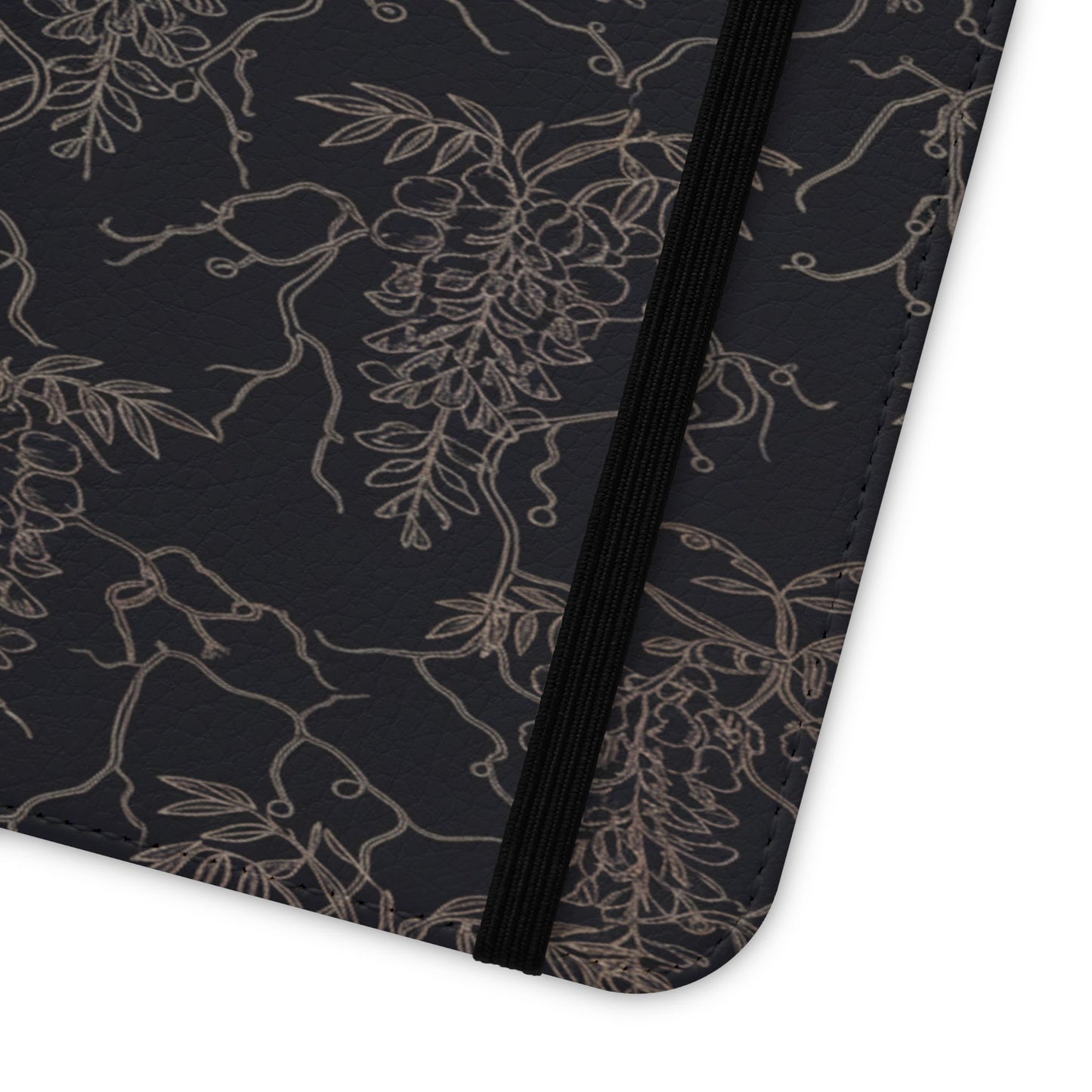 Botanical Noir Flip Phone Case — Dark Floral Wallet Cover with Card Slots
