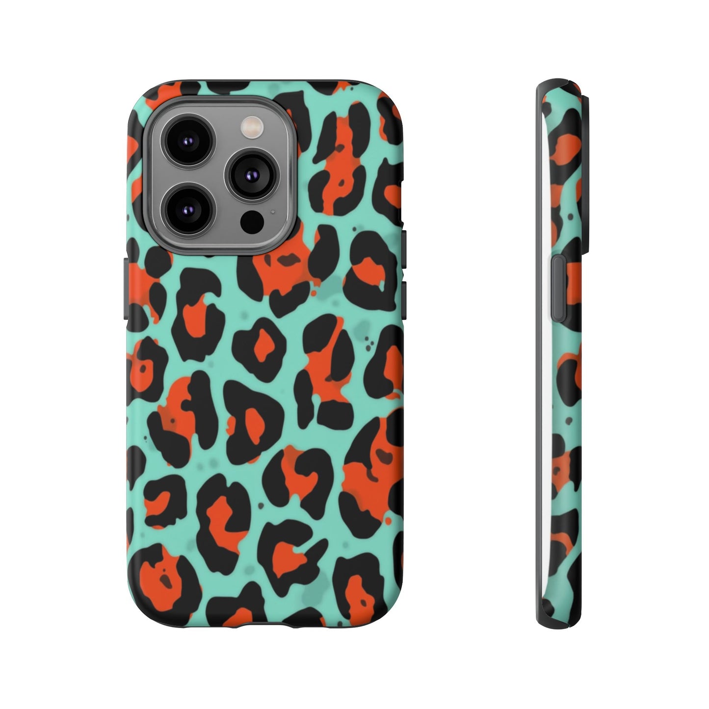 Leopard Print Tough Phone Case — Teal & Rust Protective iPhone Cover