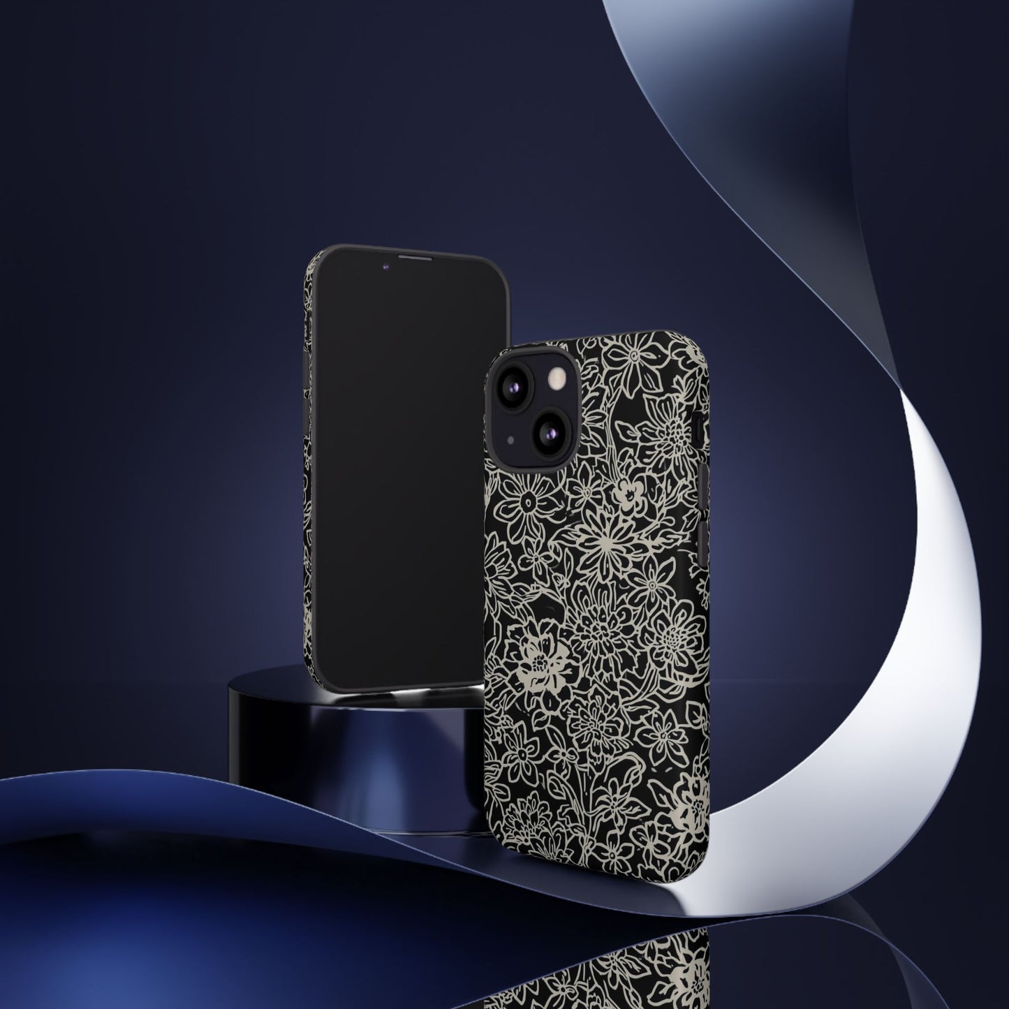 Floral Doodle Tough Phone Case — Black & White Sketch Flower Protective Cover