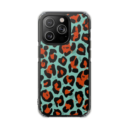 Clear Magnetic Phone Case — Teal & Rust Leopard Print