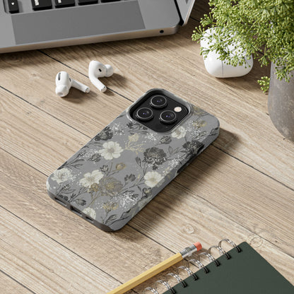 Floral Gray Tough Phone Case — Elegant Protective Phone Cover with Gold Accent