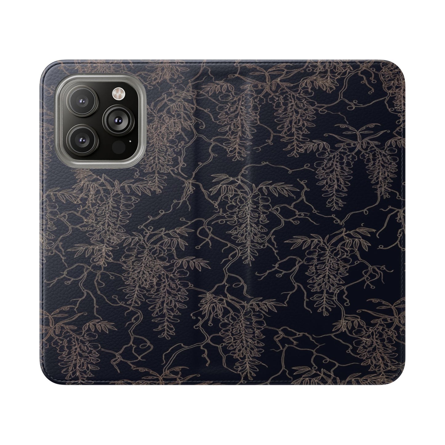 Botanical Noir Flip Phone Case — Dark Floral Wallet Cover with Card Slots