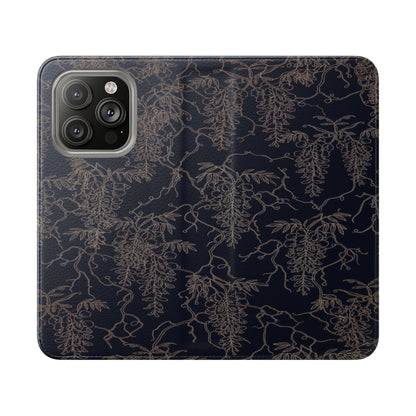 Botanical Noir Flip Phone Case — Dark Floral Wallet Cover with Card Slots