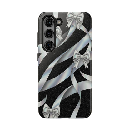 Silver Ribbon Bow Tough Phone Case — Glitter Black Protective Phone Case