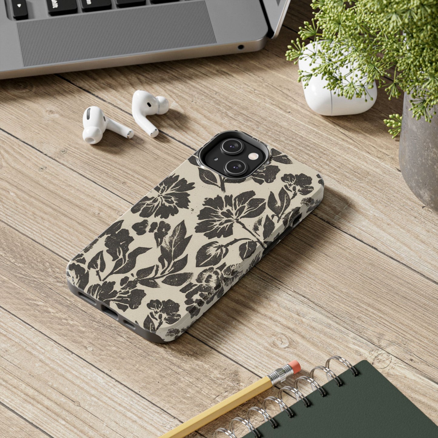 Floral Noir Tough Phone Case — Black Vintage Flower Protective Cover