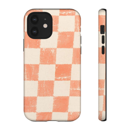 Peach Checkerboard Tough Phone Case — Retro Distressed Grid Design