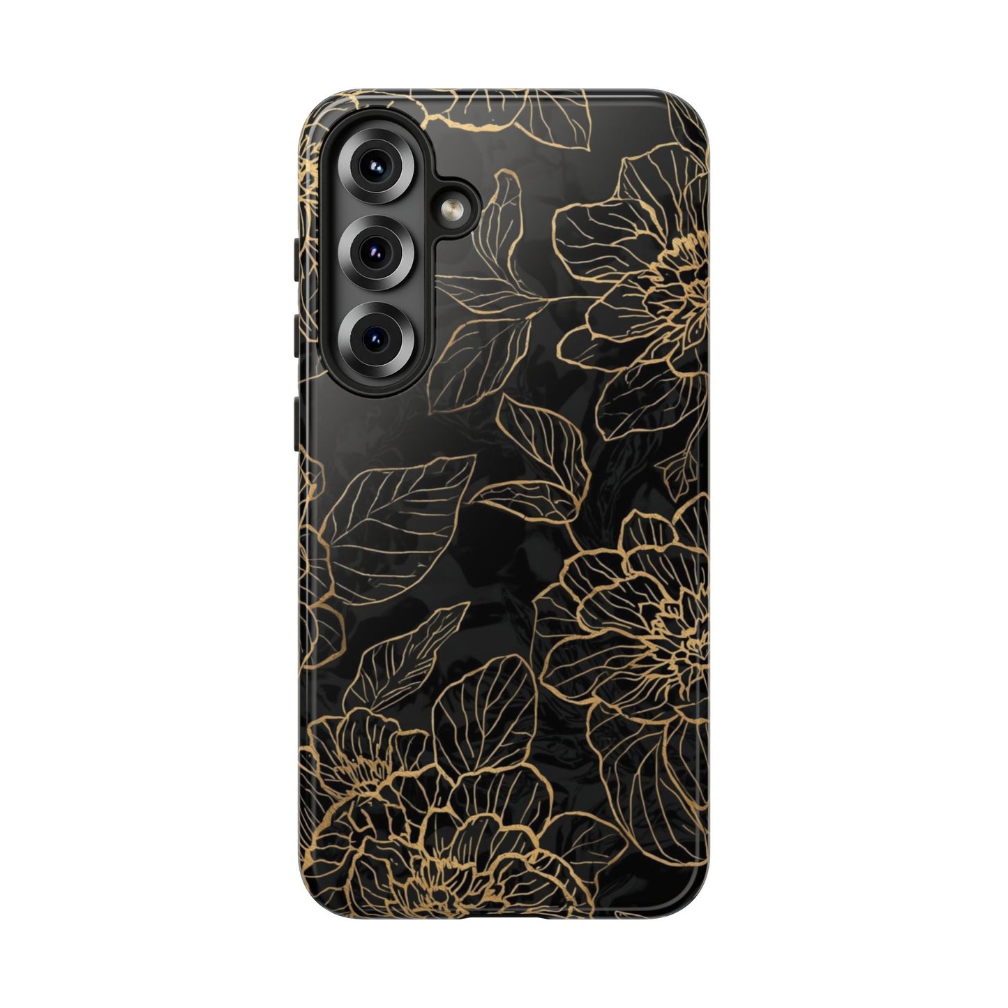 Floral Gold Outline Tough Phone Case – Black Botanical Protective Cover