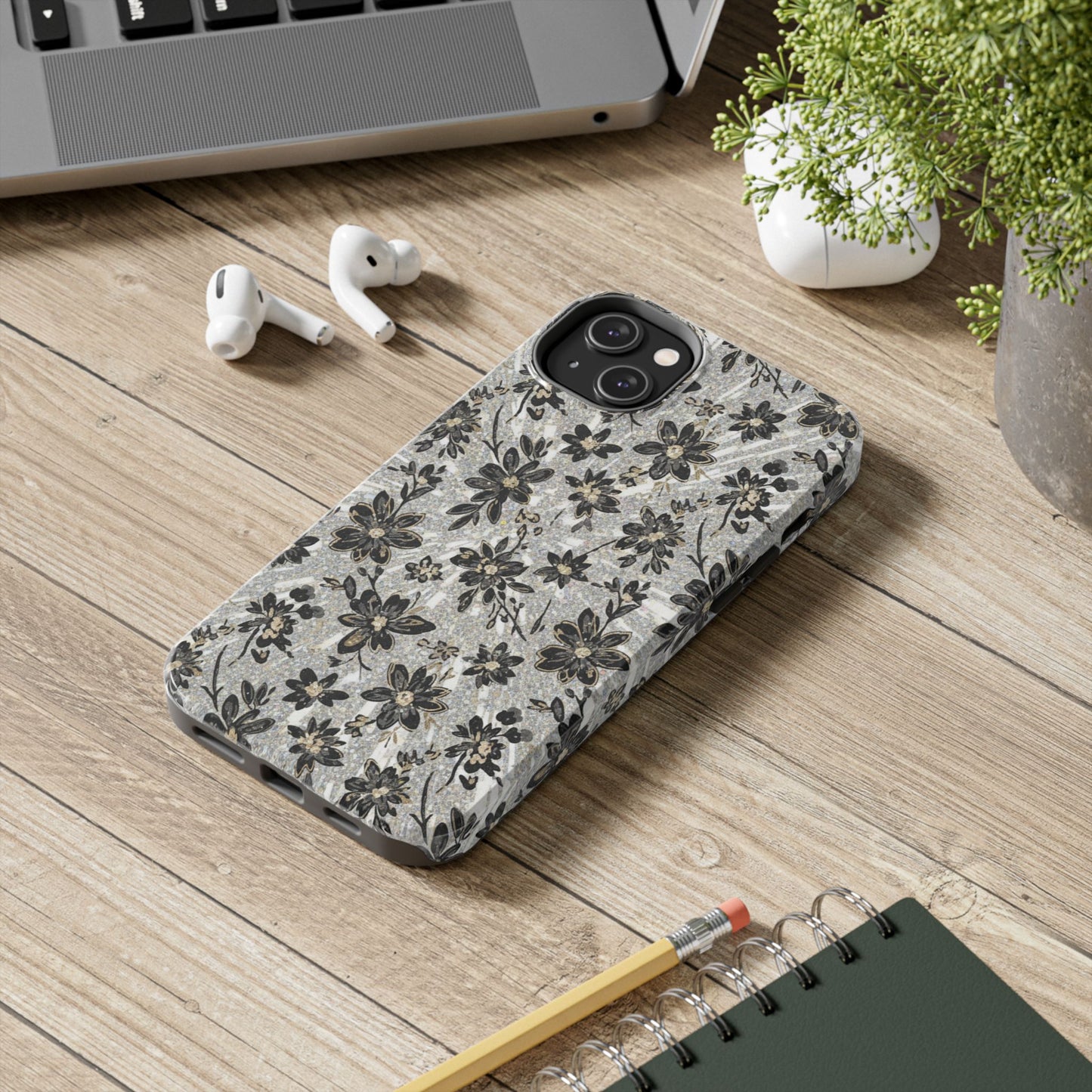 Floral Vintage Tough Phone Case — Black & Gray Rustic Flower Protective Case