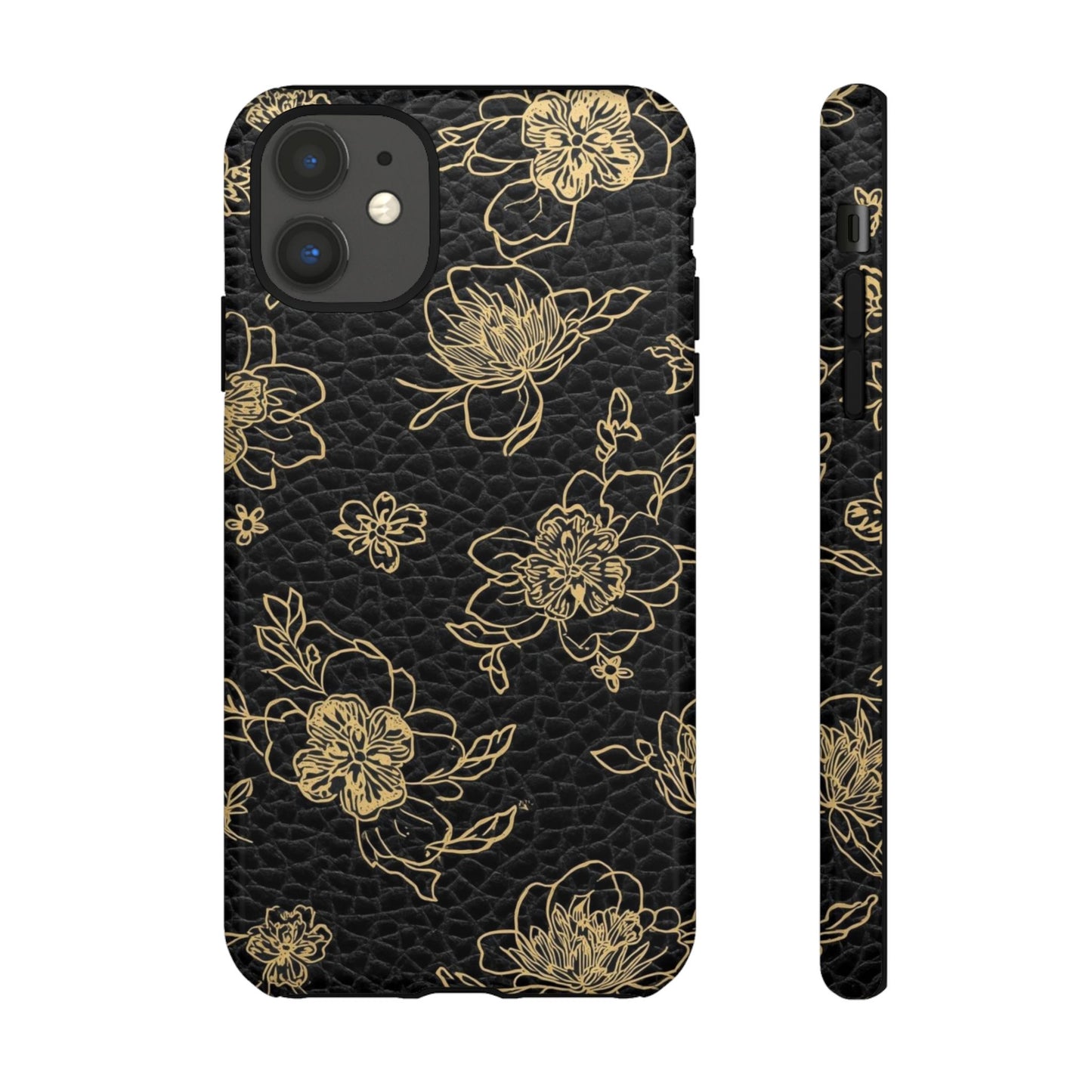 Floral Leather Phone Case — Gold Outline Flowers on Black Tough Case