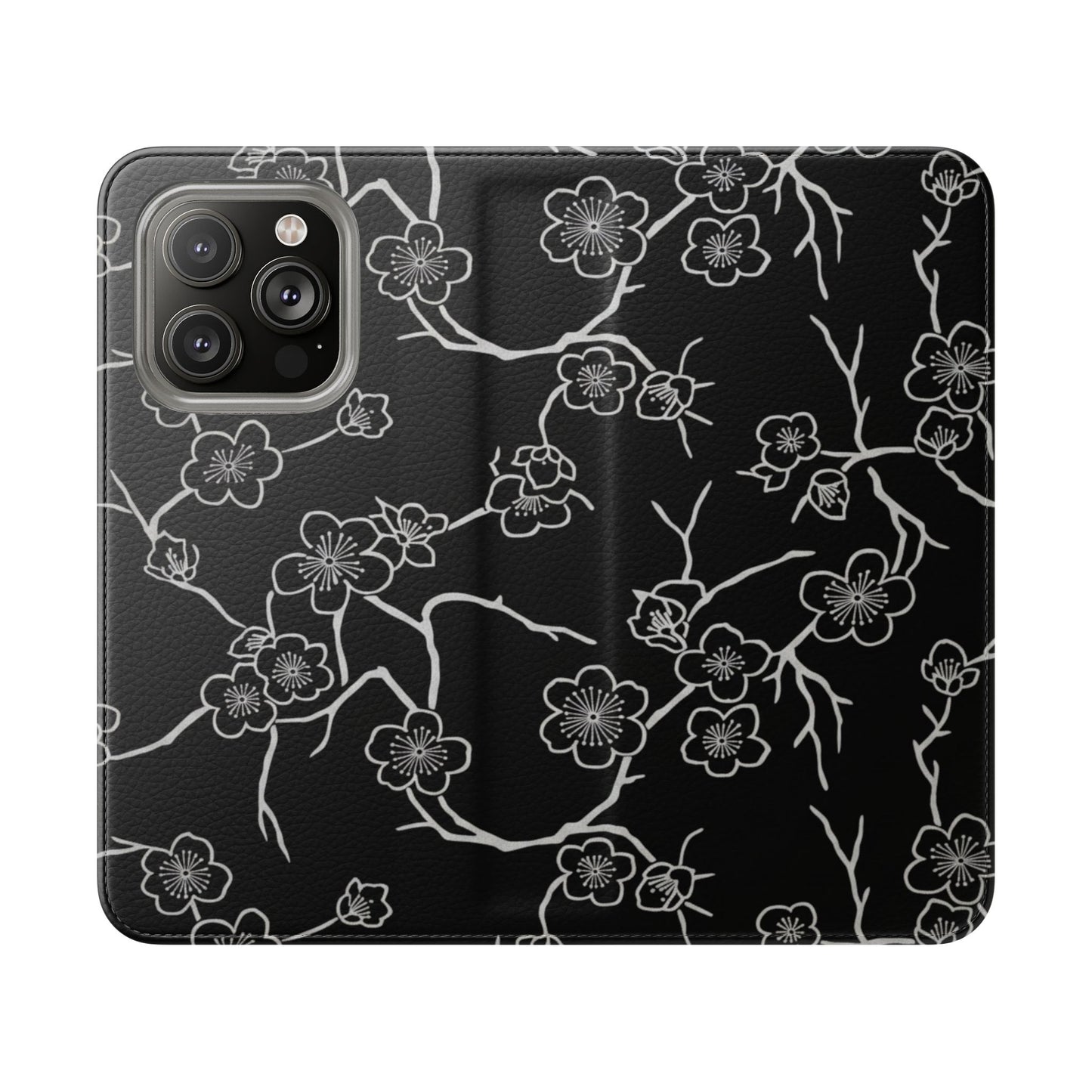 Black Cherry Blossom Flip Phone Case – Floral Wallet Flip Case with Card Slots