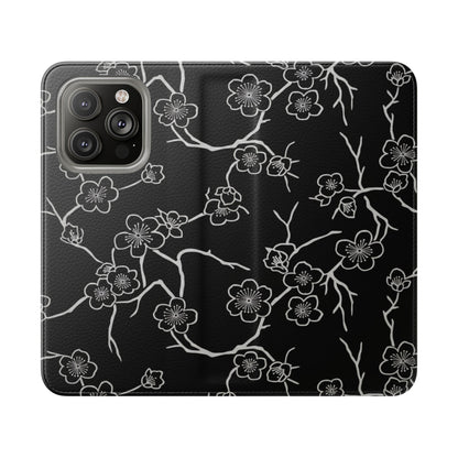 Black Cherry Blossom Flip Phone Case – Floral Wallet Flip Case with Card Slots