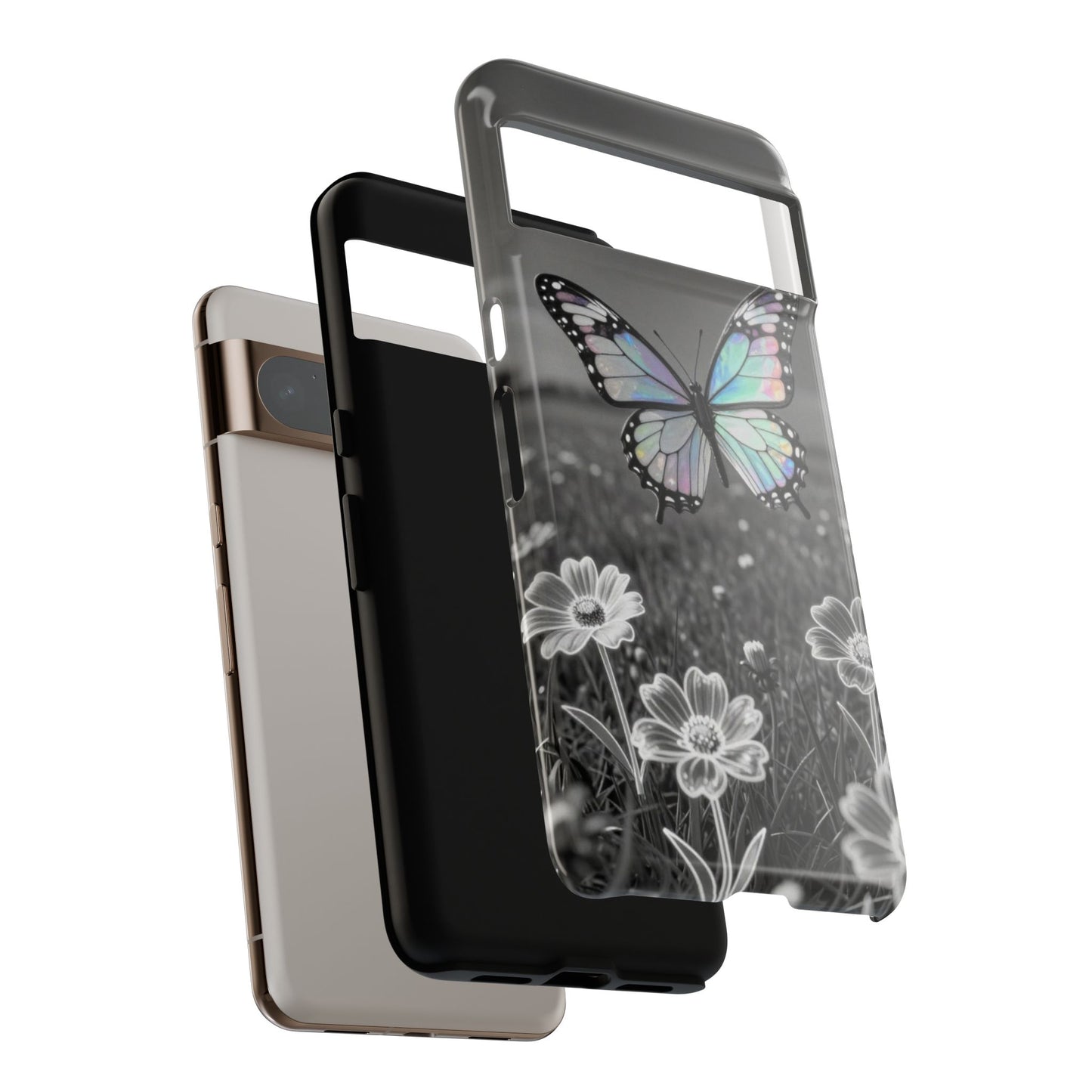 Butterfly Field Tough Phone Case — Pastel Holographic Butterfly on Black & White Floral Background