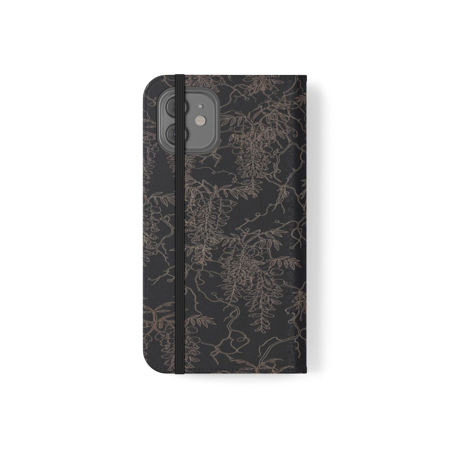 Botanical Noir Flip Phone Case — Dark Floral Wallet Cover with Card Slots