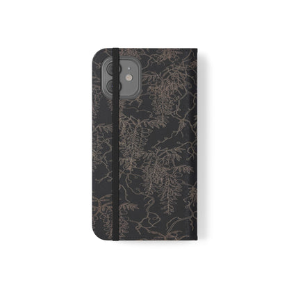 Botanical Noir Flip Phone Case — Dark Floral Wallet Cover with Card Slots