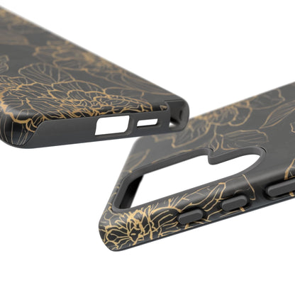 Floral Gold Outline Tough Phone Case – Black Botanical Protective Cover