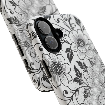 Floral Lace Phone Case — Black & White Vintage Flower Protective Case
