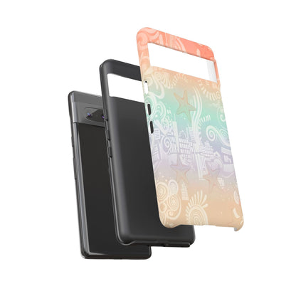 Tough Cases: Pastel Beach Pattern Phone Case — Starfish & Coastal Cityscape Protective Cover