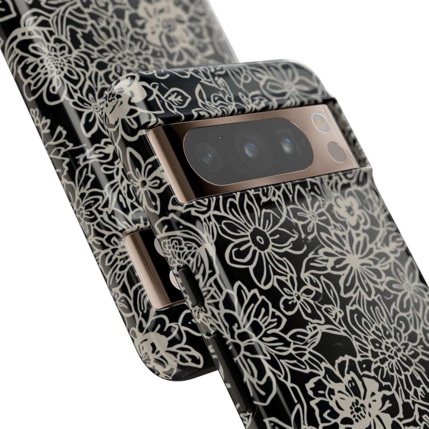 Floral Doodle Tough Phone Case — Black & White Sketch Flower Protective Cover