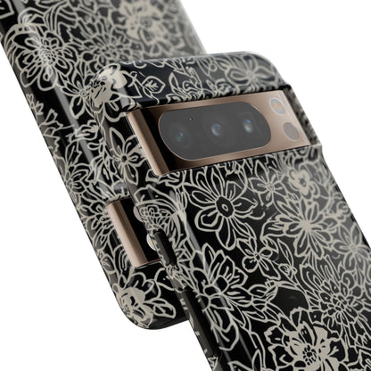 Floral Doodle Tough Phone Case — Black & White Sketch Flower Protective Cover