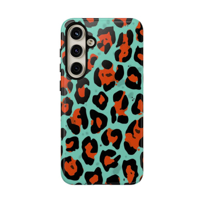Leopard Print Tough Phone Case — Teal & Rust Protective iPhone Cover