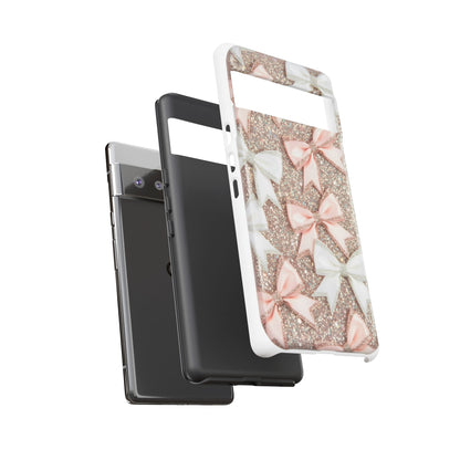 Glitter Bow Tough Phone Case — Pink & White Ribbon Protective Cover
