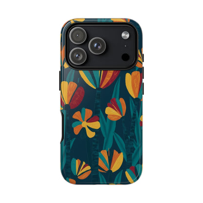 Floral Retro Teal Tough Phone Case — Vibrant Orange & Mustard Blooms