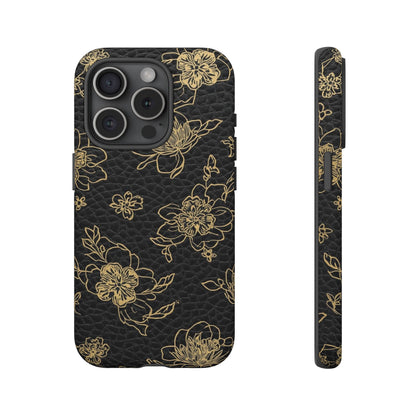 Floral Leather Phone Case — Gold Outline Flowers on Black Tough Case