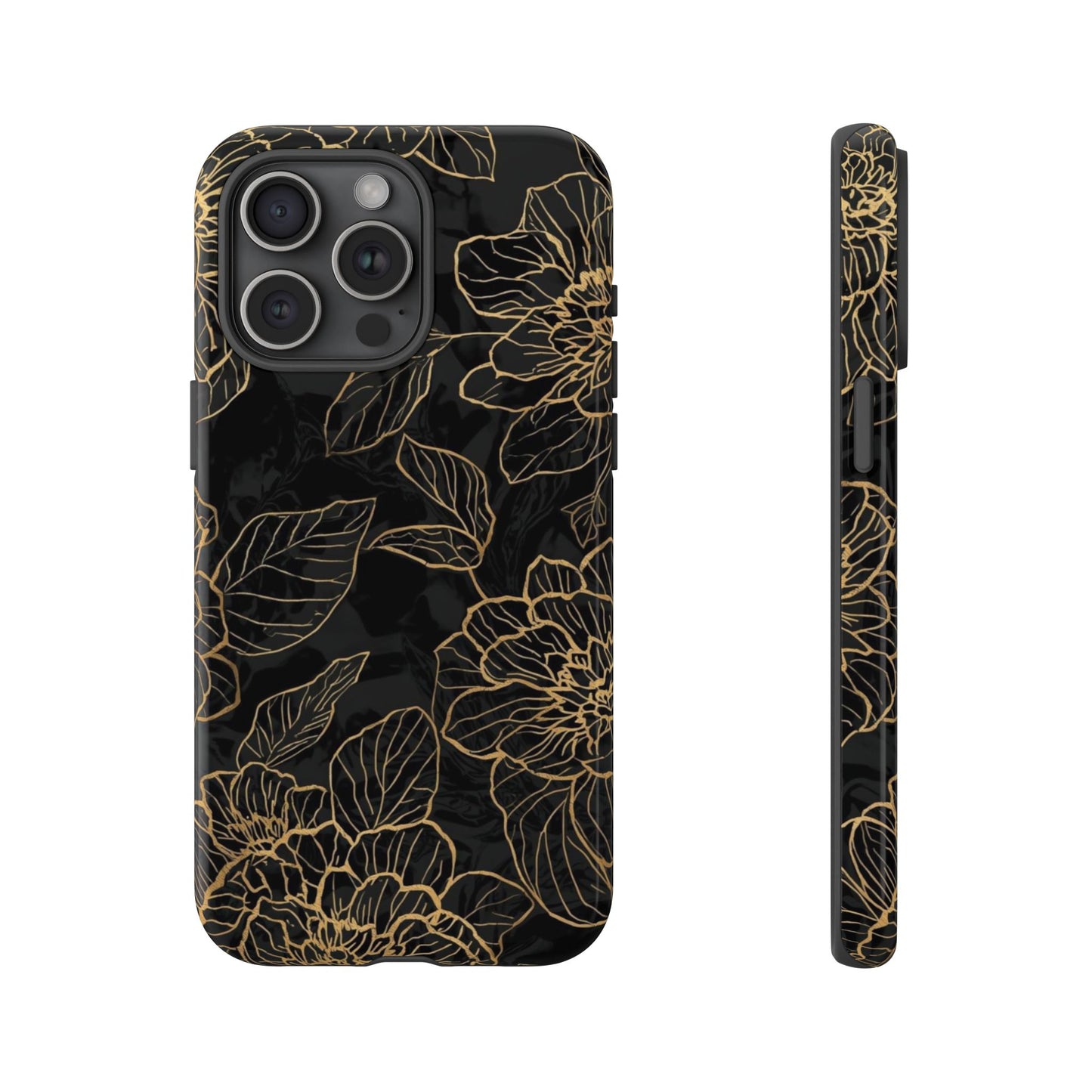 Floral Gold Outline Tough Phone Case – Black Botanical Protective Cover