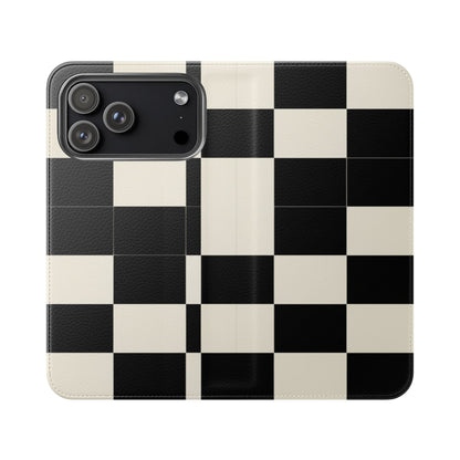 Checkered Flip Phone Case – Black & Cream Retro Grid Wallet Case