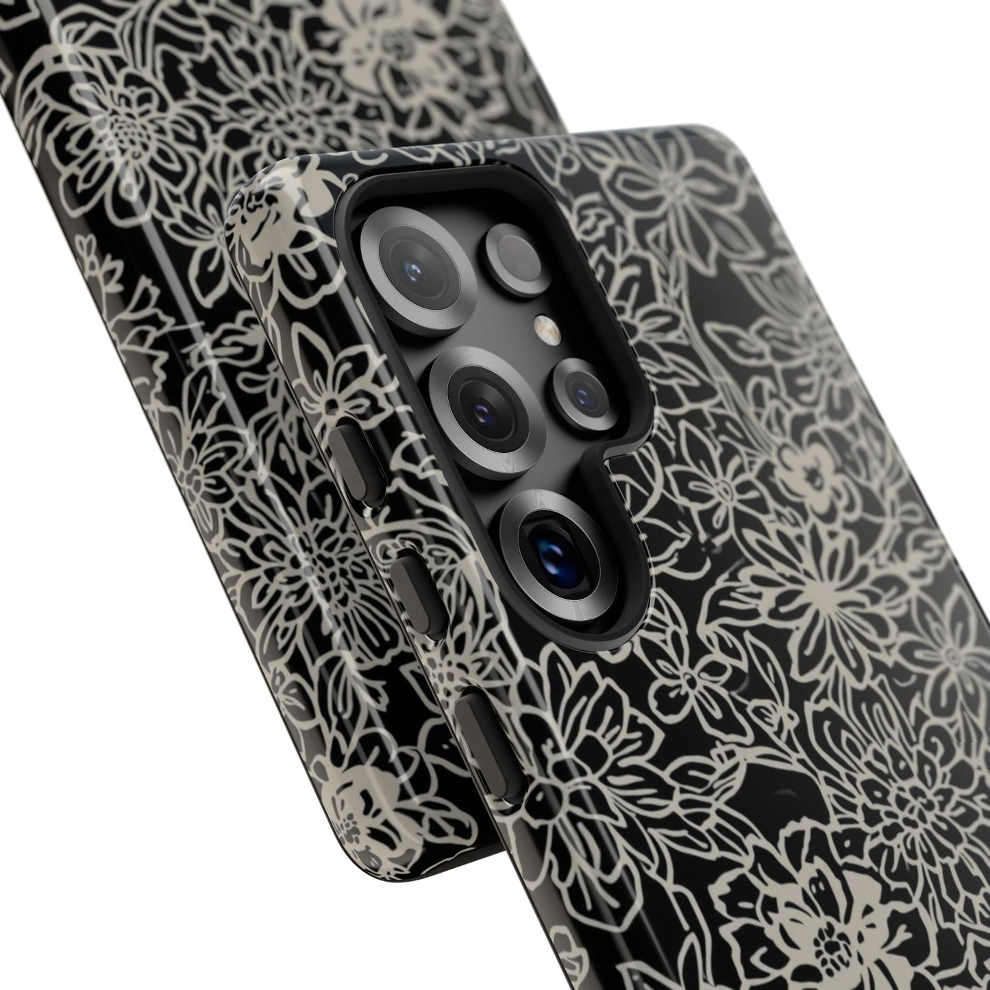 Floral Doodle Tough Phone Case — Black & White Sketch Flower Protective Cover