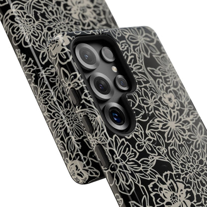 Floral Doodle Tough Phone Case — Black & White Sketch Flower Protective Cover