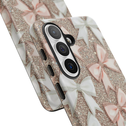 Glitter Bow Tough Phone Case — Pink & White Ribbon Protective Cover