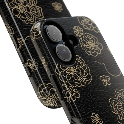 Floral Leather-Texture Tough Case – Black Gold Outline Phone Cover