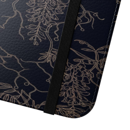 Botanical Noir Flip Phone Case — Dark Floral Wallet Cover with Card Slots