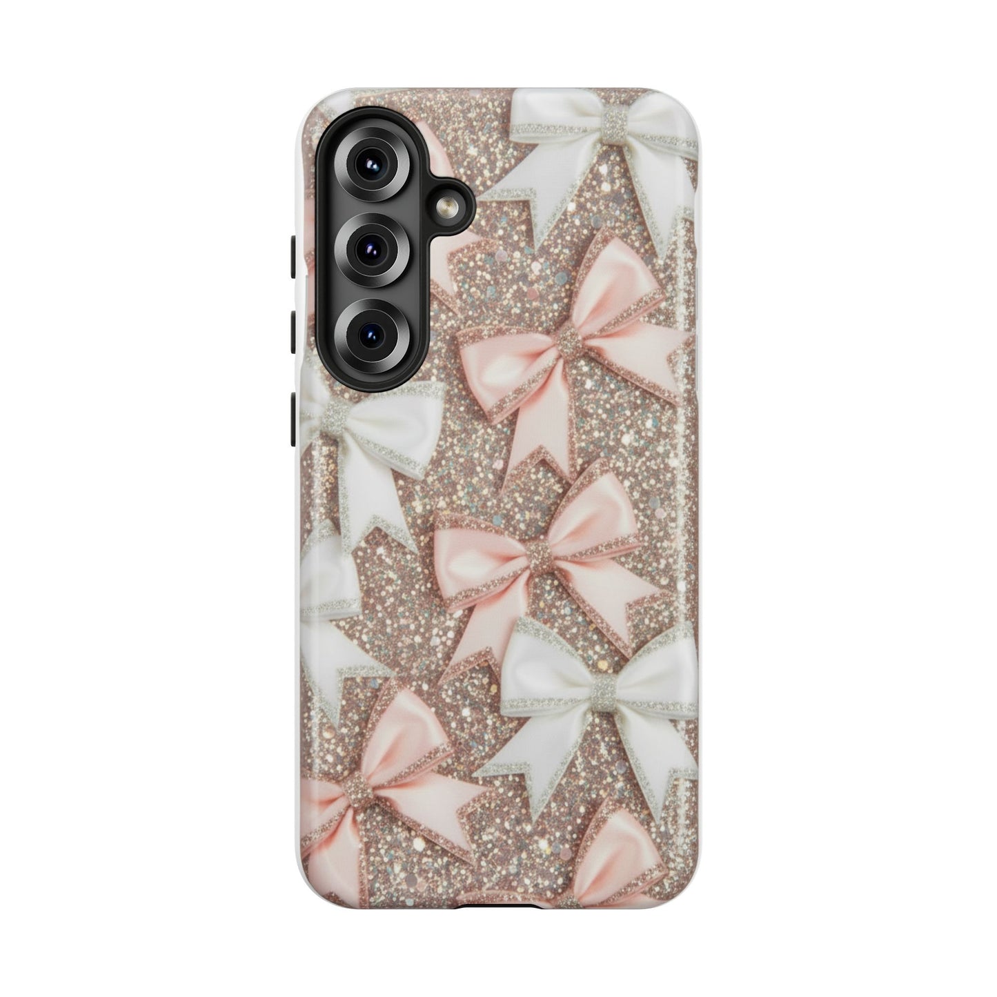 Glitter Bow Tough Phone Case — Pink & White Ribbon Protective Cover