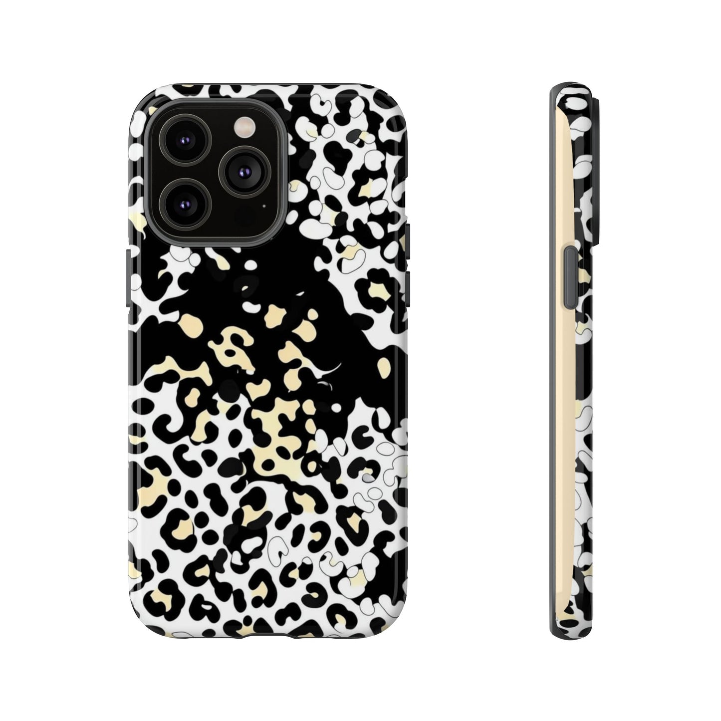 Leopard Splash Tough Phone Case — Black & Cream Animal Print Protective Cover