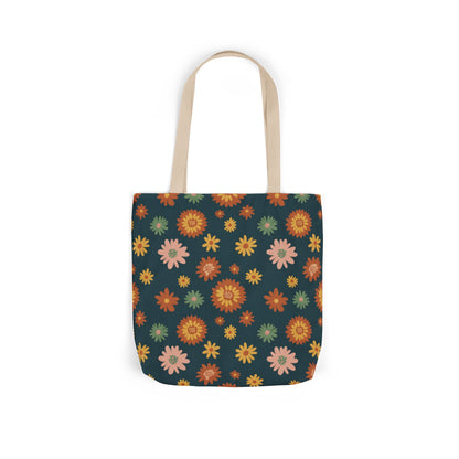 Retro Floral Canvas Tote Bag — Dark Green Sunflower Pattern