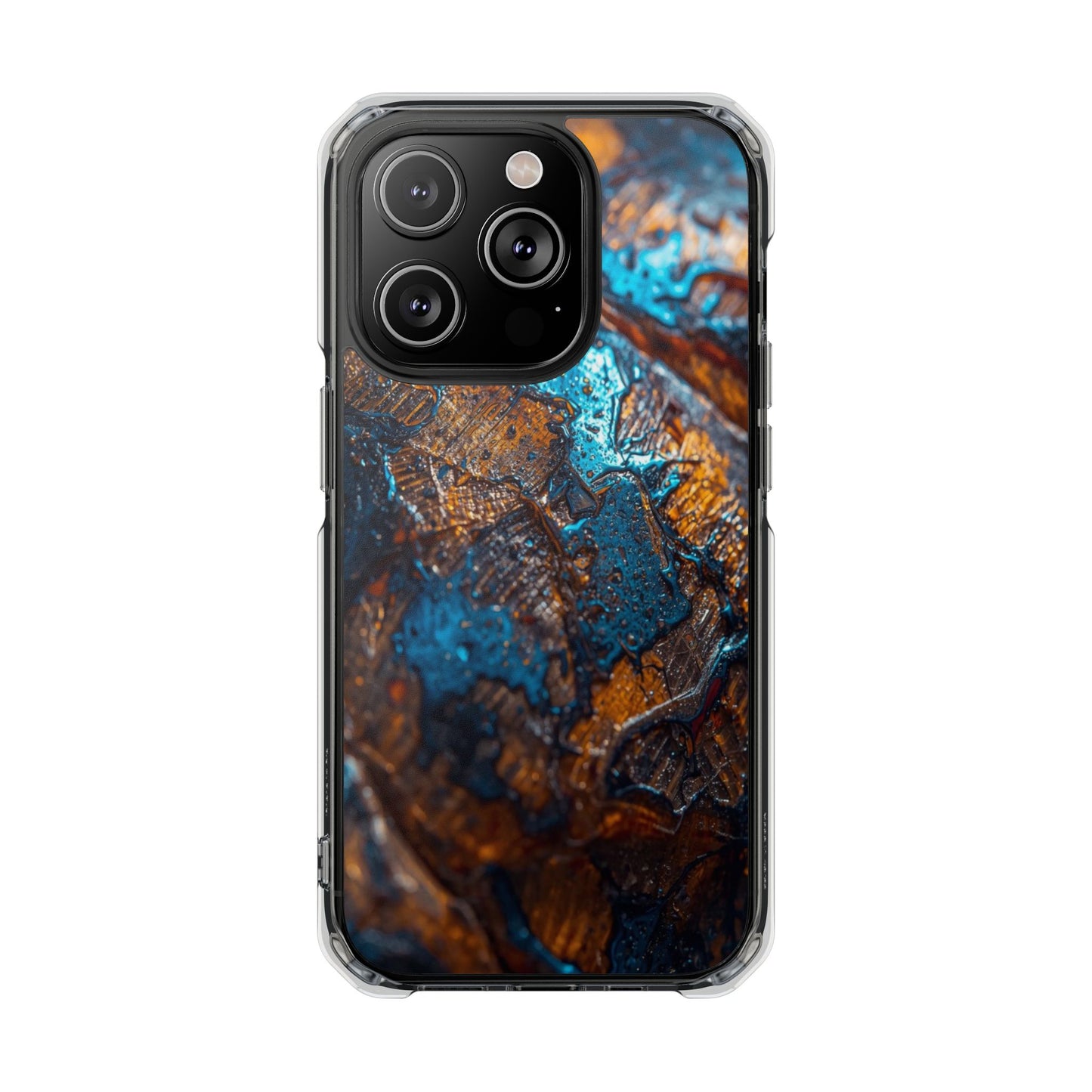 Magnetic Clear Phone Case — Blue & Copper Abstract Tortoise Impact Design
