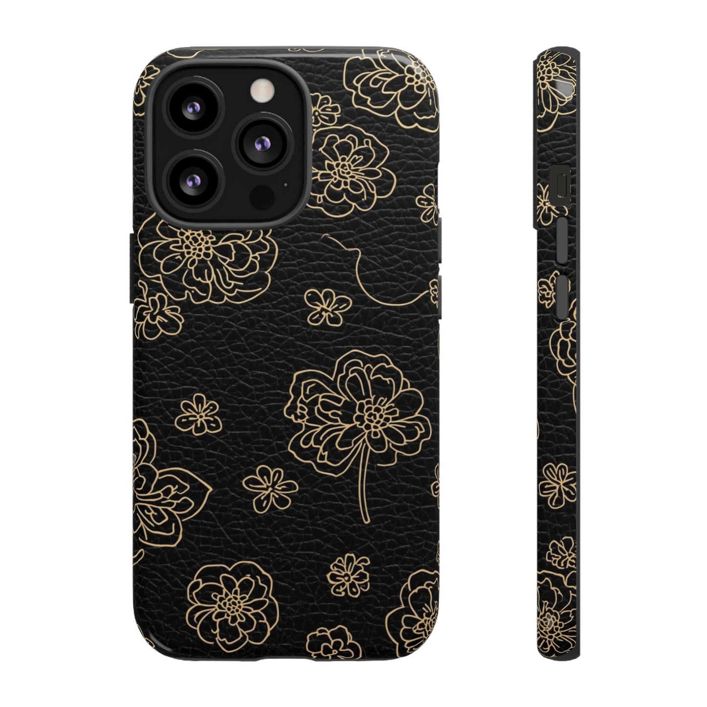Floral Leather-Texture Tough Case – Black Gold Outline Phone Cover