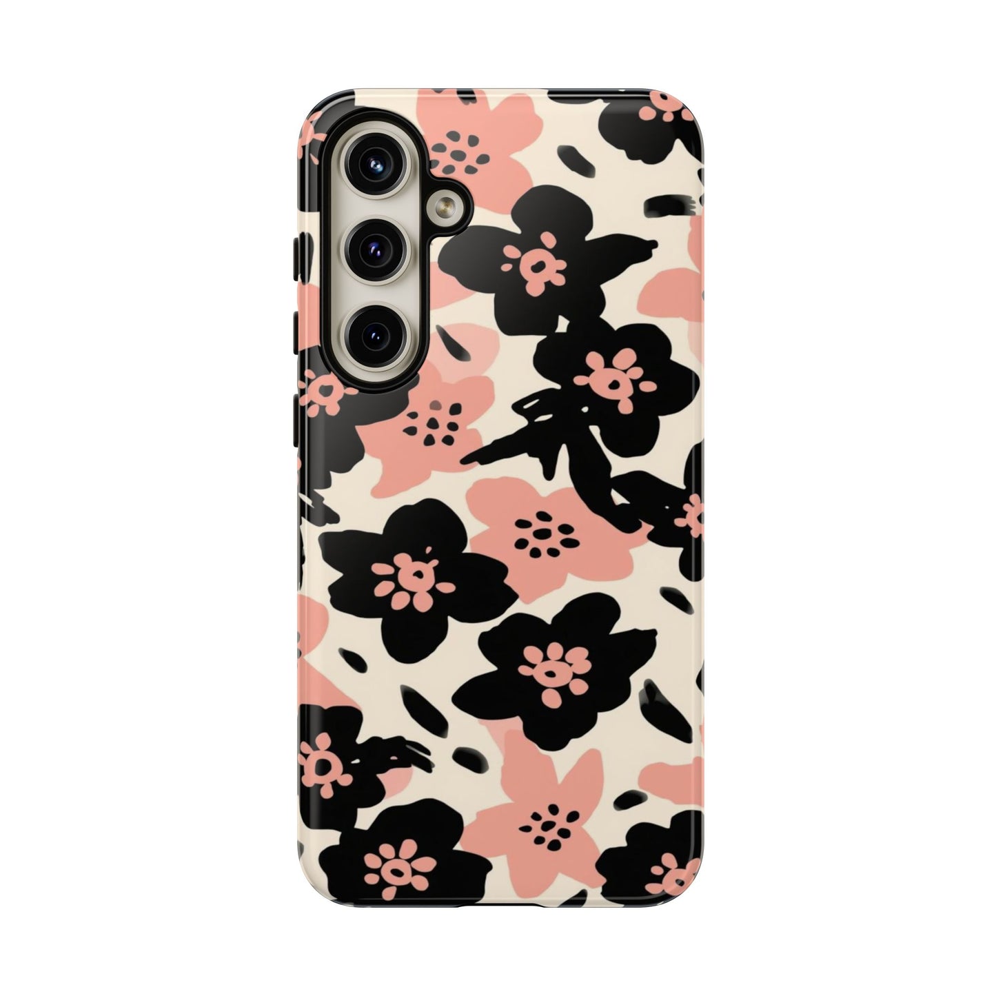 Floral Phone Case — Pink & Black Retro Blossom Protective Cover