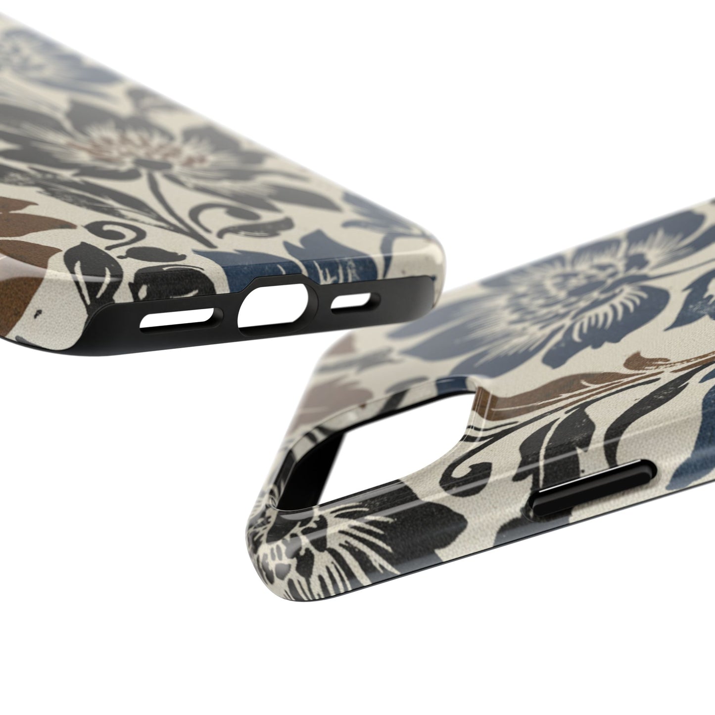 Floral Vintage Tough Phone Case — Blue & Brown Botanical Protection